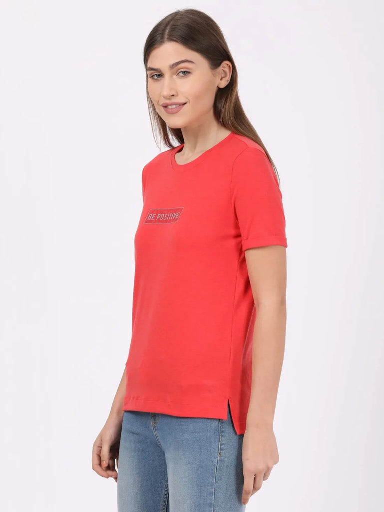 Cayenne Melange JOCKEY Women's Relaxed Fit Printed Round Neck Half Sleeve T-Shirt