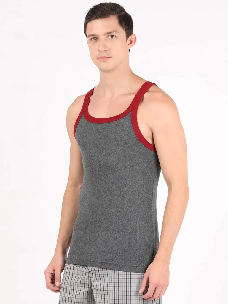 Charcoal Melange & Reflecting Pond Jockey Cotton Rib Square Neckline Gym Vest for Men