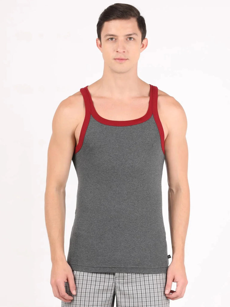 Charcoal Melange & Reflecting Pond Jockey Cotton Rib Square Neckline Gym Vest for Men