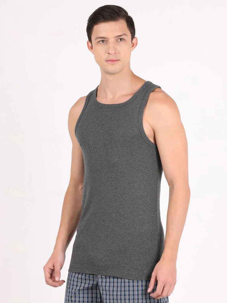 Charcoal Melange Jockey Cotton Rib Square Neck Sleeveless Vest for Men