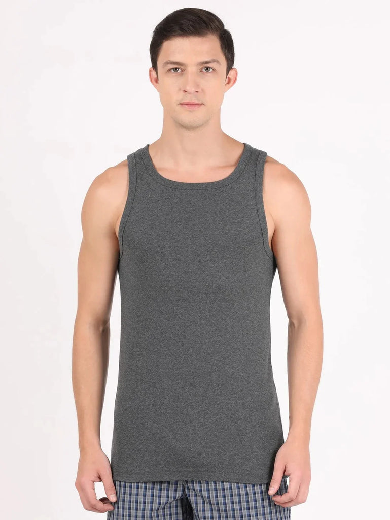 Charcoal Melange Jockey Cotton Rib Square Neck Sleeveless Vest for Men