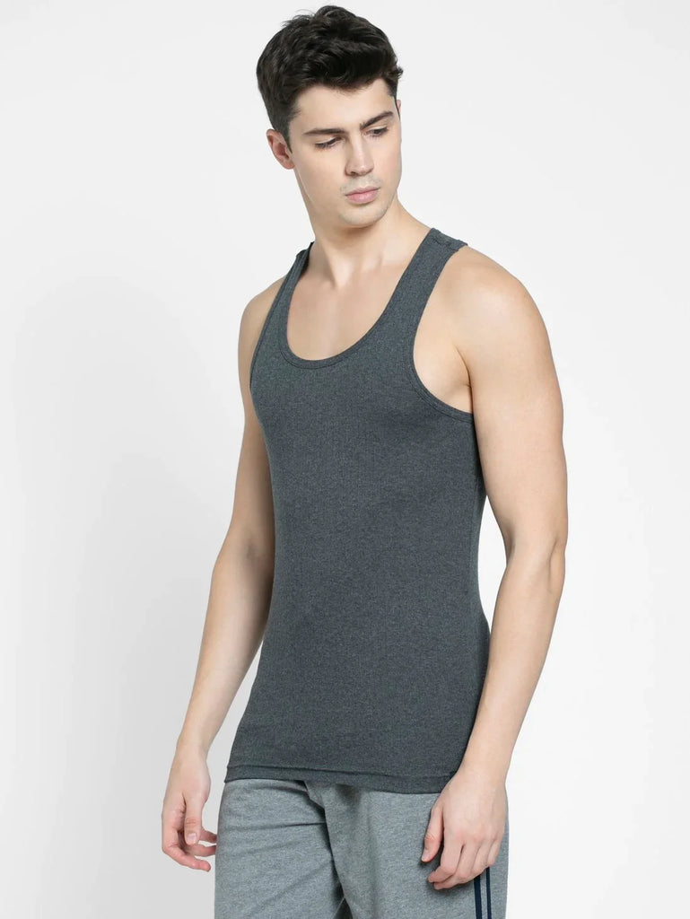 Charcoal Melange Jockey Cotton Rib Racer Gym Vest for Men