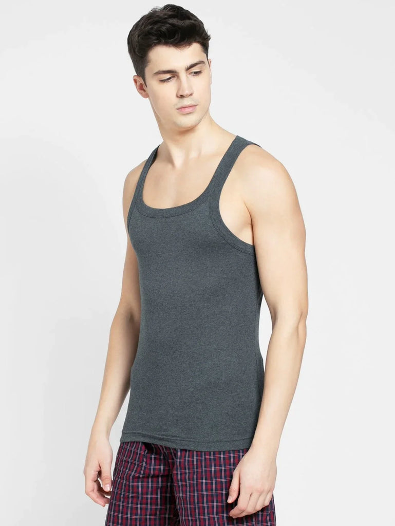 Charcoal Melange Jockey Cotton Rib Square Neckline Gym Vest  for Men