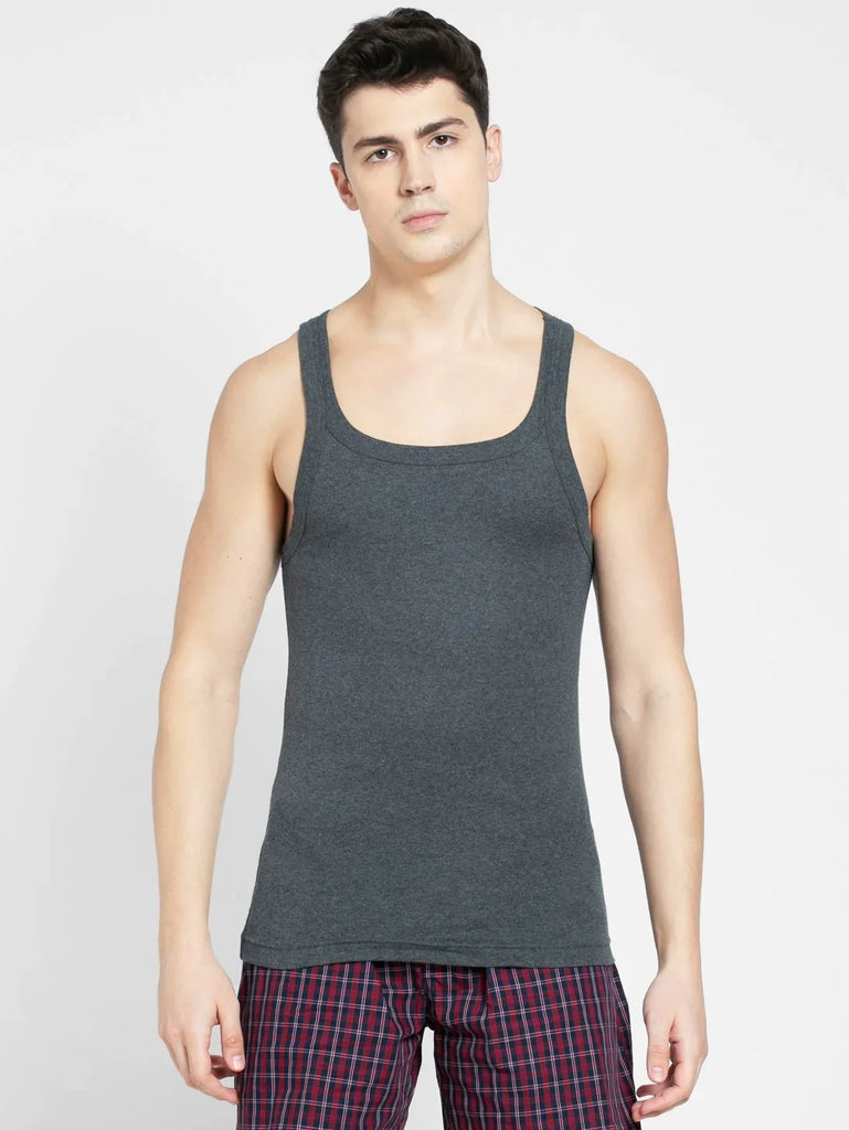 Charcoal Melange Jockey Cotton Rib Square Neckline Gym Vest  for Men