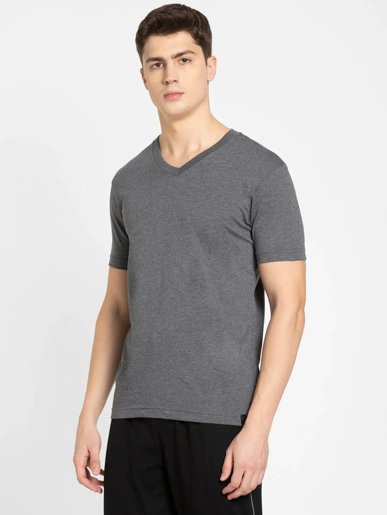 Charcoal Melange JOCKEY Men's Solid V Neck Half Sleeve T-Shirt