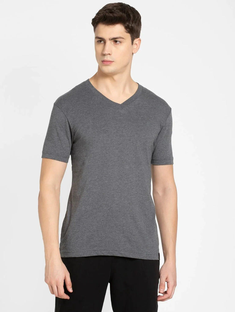 Charcoal Melange JOCKEY Men's Solid V Neck Half Sleeve T-Shirt