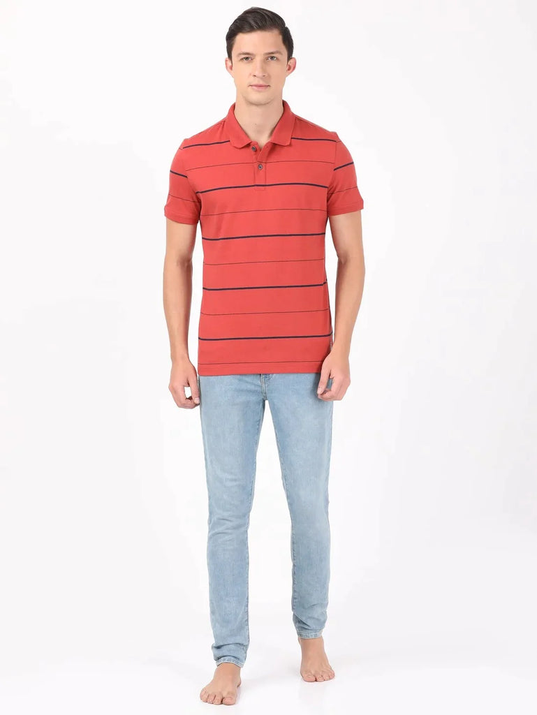 Cinnabar/Navy JOCKEY Men's Cotton Rich Striped Half Sleeve Polo T-Shirt