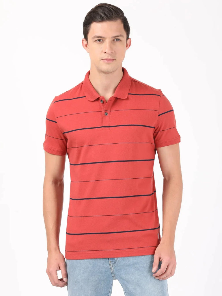 Cinnabar/Navy JOCKEY Men's Cotton Rich Striped Half Sleeve Polo T-Shirt