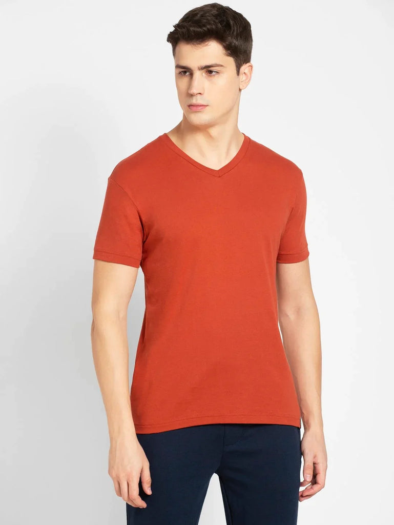 Cinnabar JOCKEY Men's Solid V Neck Half Sleeve T-Shirt