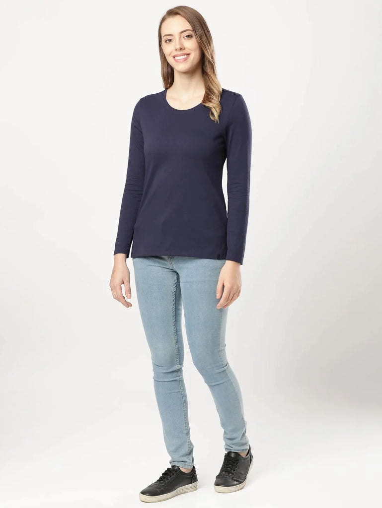 Classic Navy JOCKEY Women's Relaxed Solid Round Neck Full Sleeve T-Shirt