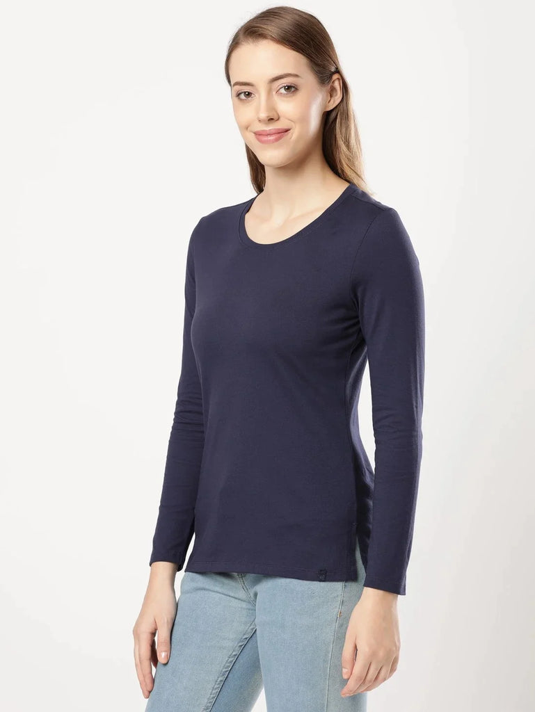 Classic Navy JOCKEY Women's Relaxed Solid Round Neck Full Sleeve T-Shirt