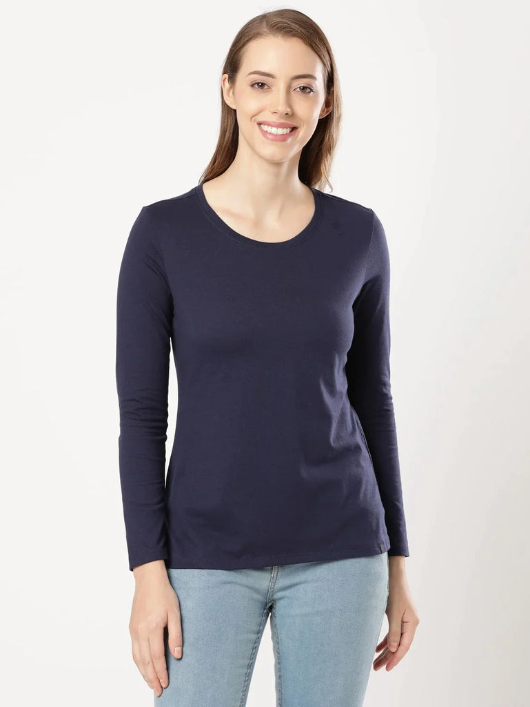 Classic Navy JOCKEY Women's Relaxed Solid Round Neck Full Sleeve T-Shirt