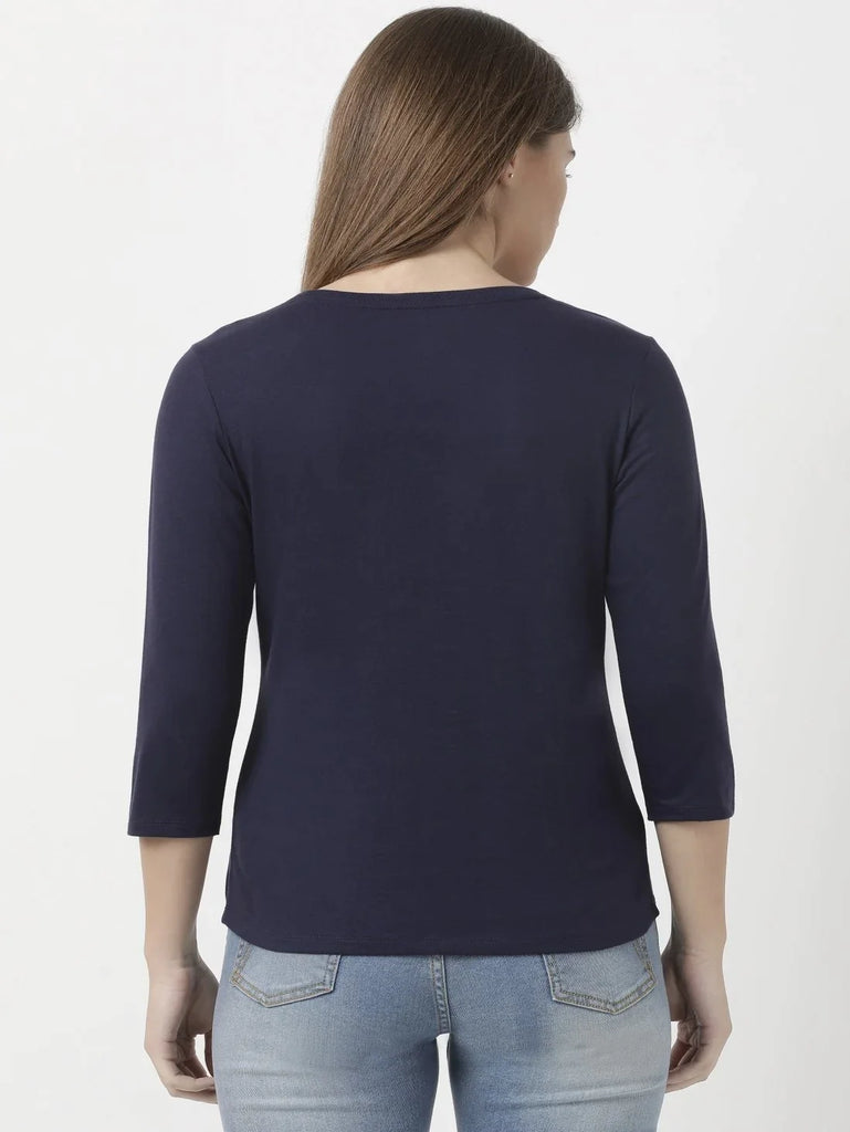 Classic Navy JOCKEY Women's Solid Round Neck Three Quarter Sleeve T-Shirt