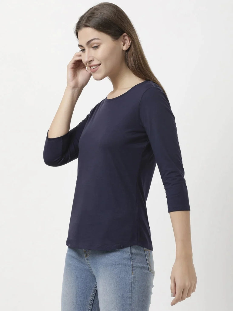 Classic Navy JOCKEY Women's Solid Round Neck Three Quarter Sleeve T-Shirt