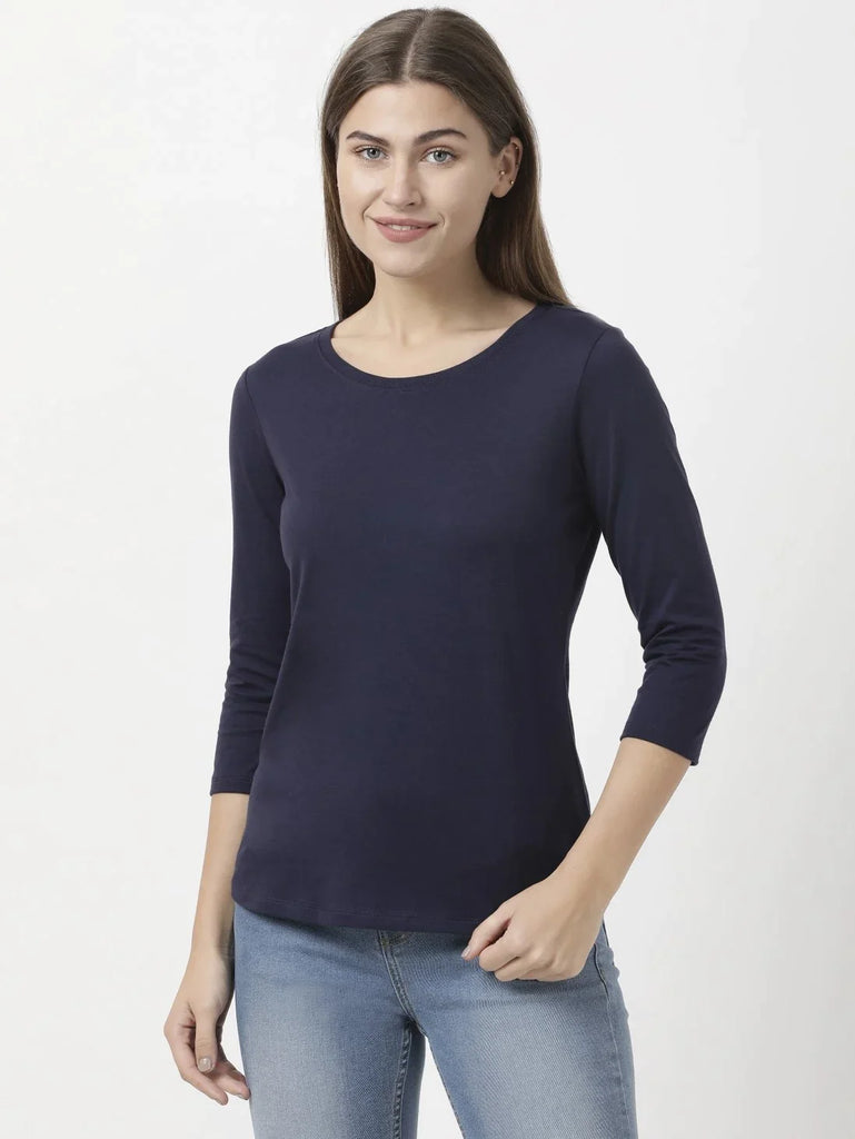 Classic Navy JOCKEY Women's Solid Round Neck Three Quarter Sleeve T-Shirt