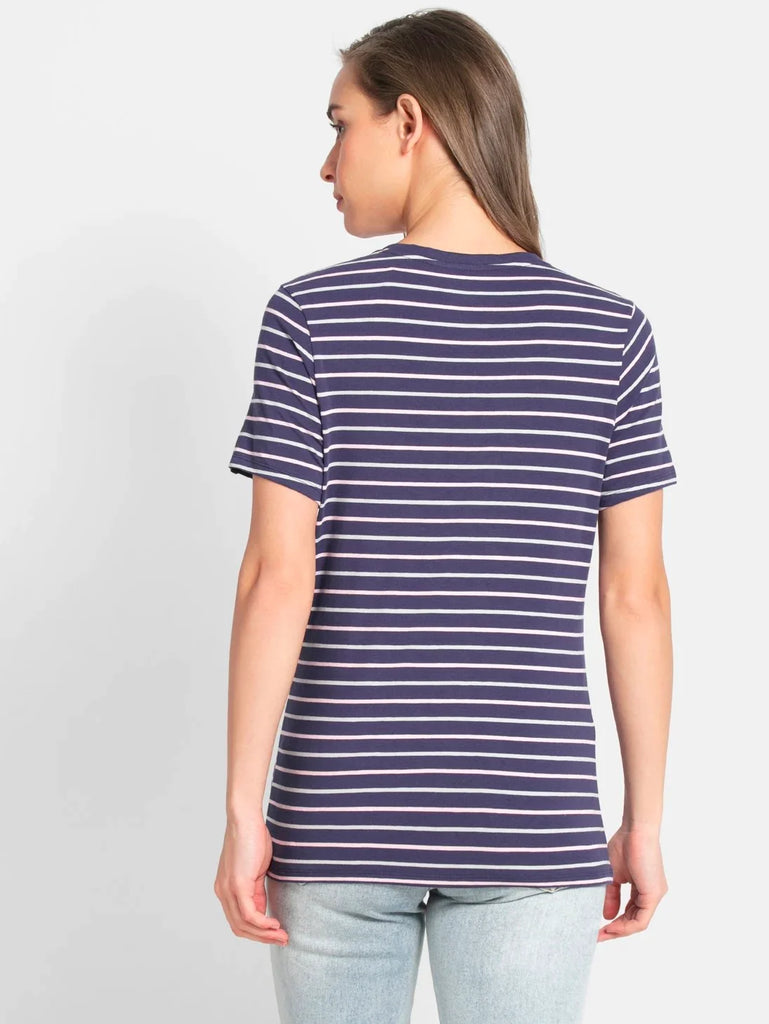 Classic Navy JOCKEY Women's Yarn Dyed Striped V Neck Half Sleeve T-Shirt 