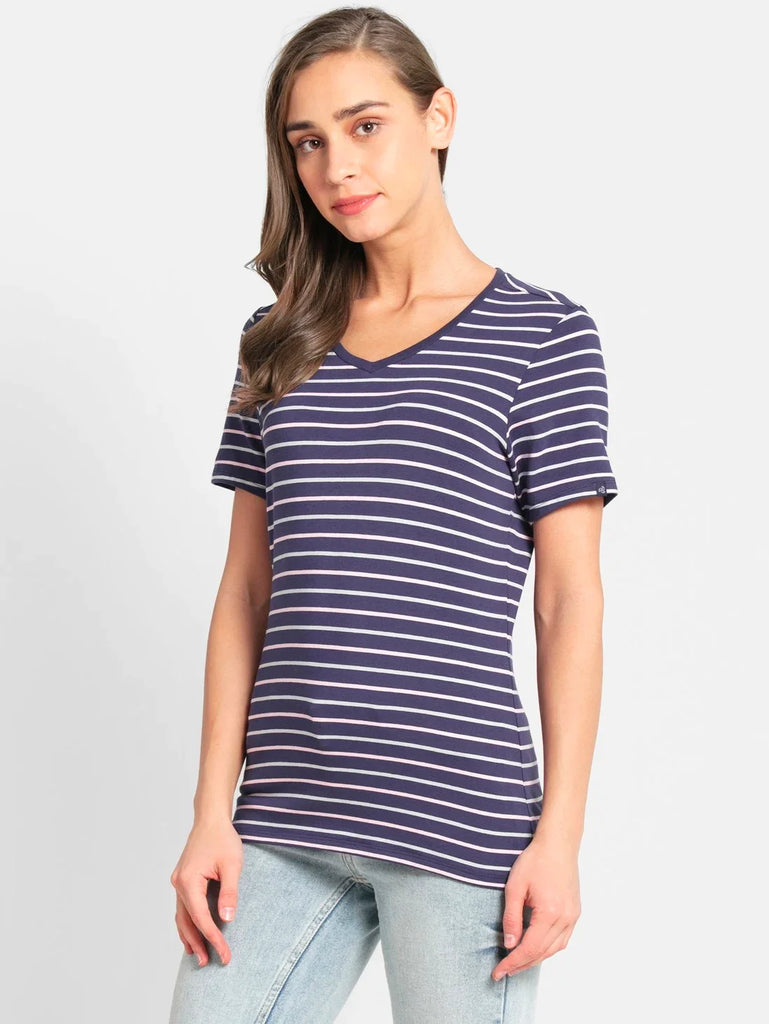 Classic Navy JOCKEY Women's Yarn Dyed Striped V Neck Half Sleeve T-Shirt 