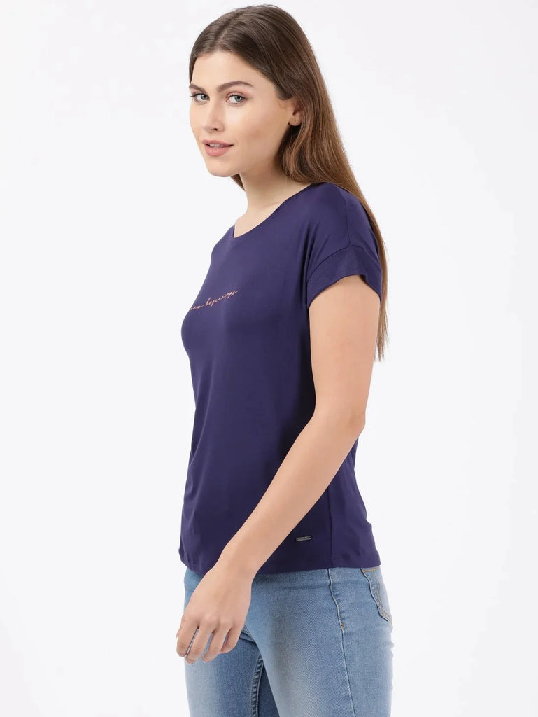 Classic Navy JOCKEY Women's Relaxed Fit Round Neck Half Sleeve T-Shirt