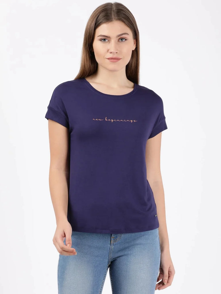 Classic Navy JOCKEY Women's Relaxed Fit Round Neck Half Sleeve T-Shirt