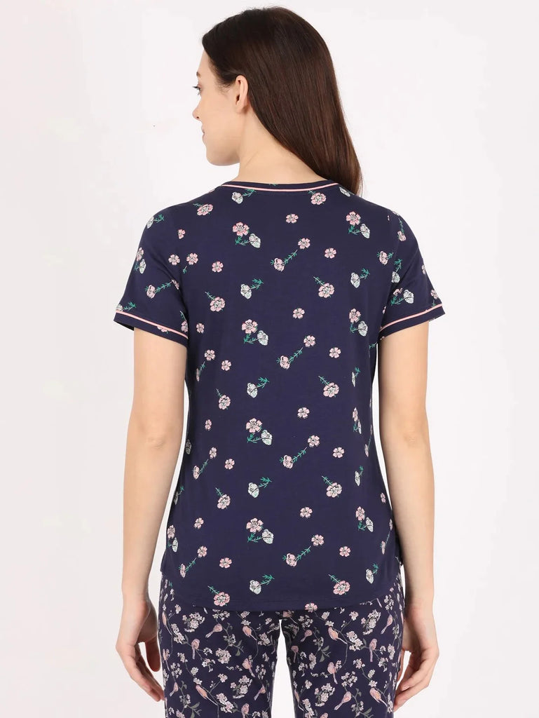 Classic Navy JOCKEY Women's Relaxed Fit Printed Round Neck Half Sleeve T-Shirt