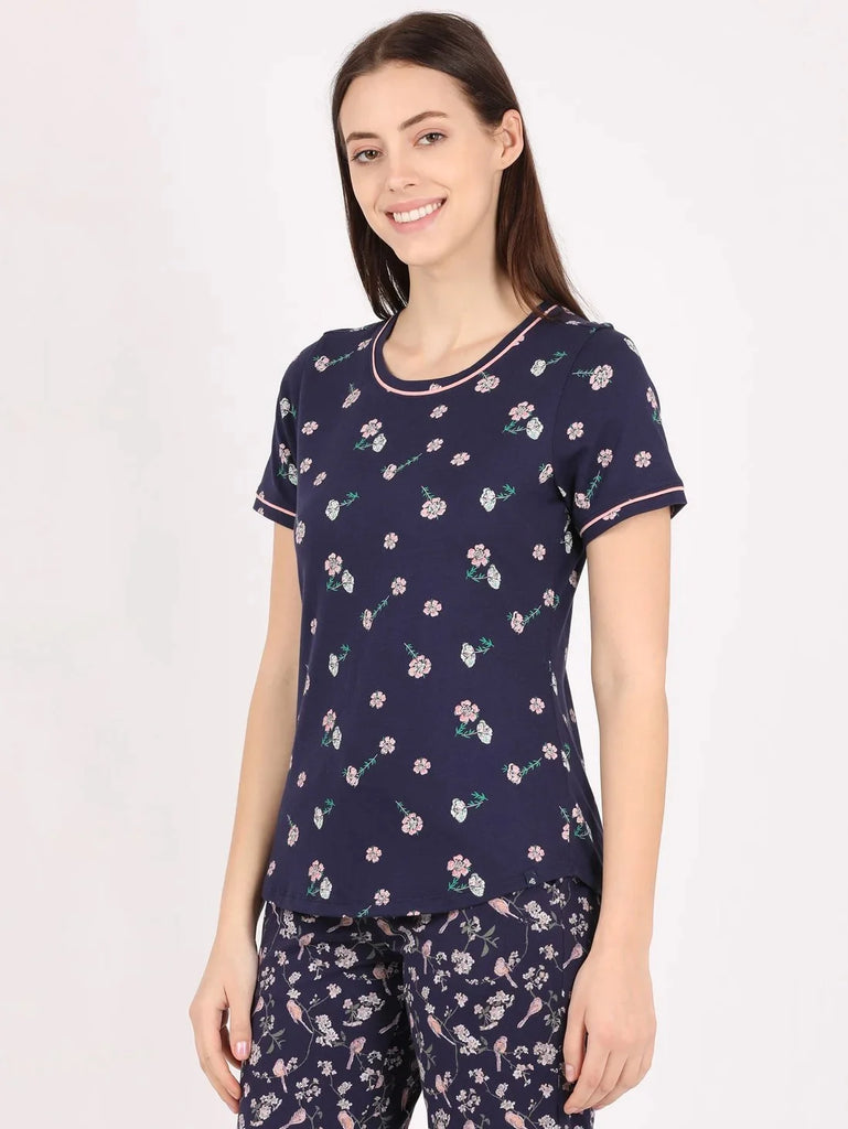 Classic Navy JOCKEY Women's Relaxed Fit Printed Round Neck Half Sleeve T-Shirt