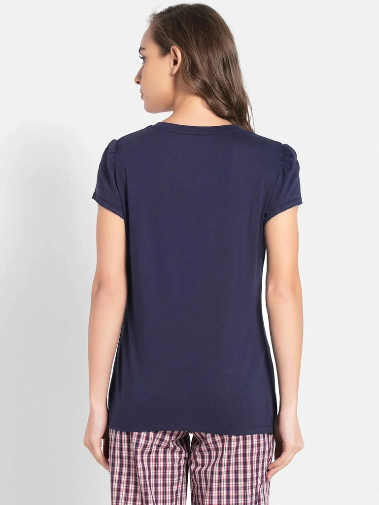 Classic Navy JOCKEY Women's Solid V Neck Half Sleeve T-Shirt