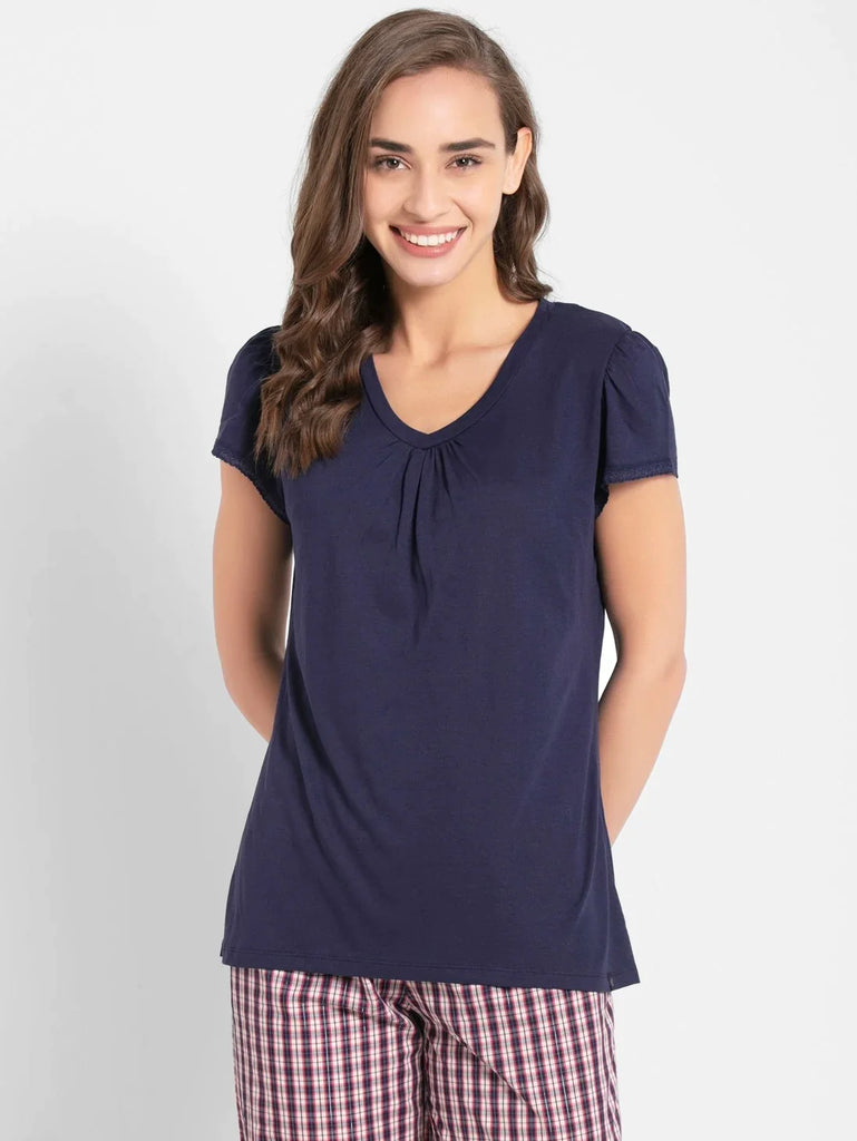 Classic Navy JOCKEY Women's Solid V Neck Half Sleeve T-Shirt