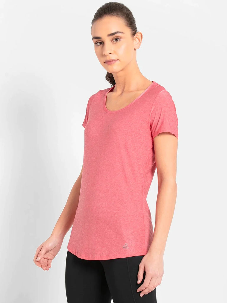 Coral Melange JOCKEY Women's Relaxed Solid Curved Hem Style Half Sleeve T-Shirt 