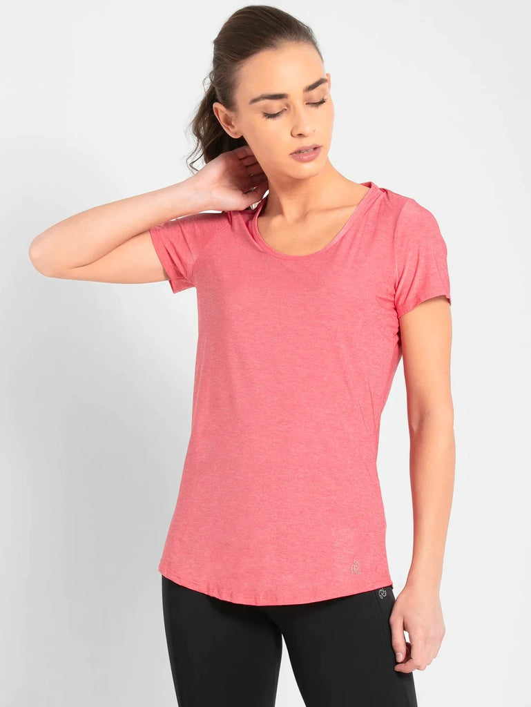 Coral Melange JOCKEY Women's Relaxed Solid Curved Hem Style Half Sleeve T-Shirt 