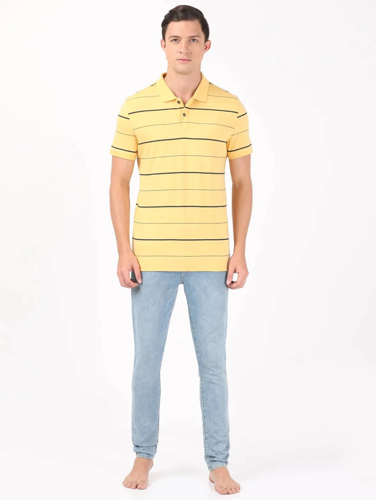 Corn silk & Night Sky ground JOCKEY Men's Cotton Rich Striped Half Sleeve Polo T-Shirt