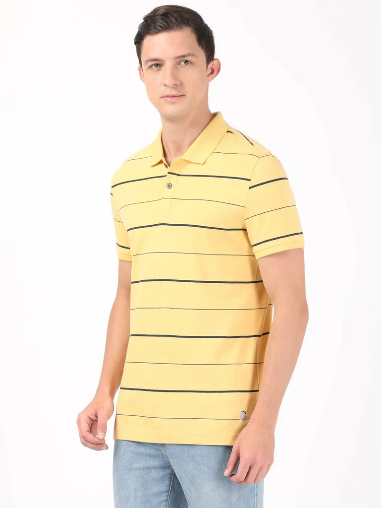 Corn silk & Night Sky ground JOCKEY Men's Cotton Rich Striped Half Sleeve Polo T-Shirt