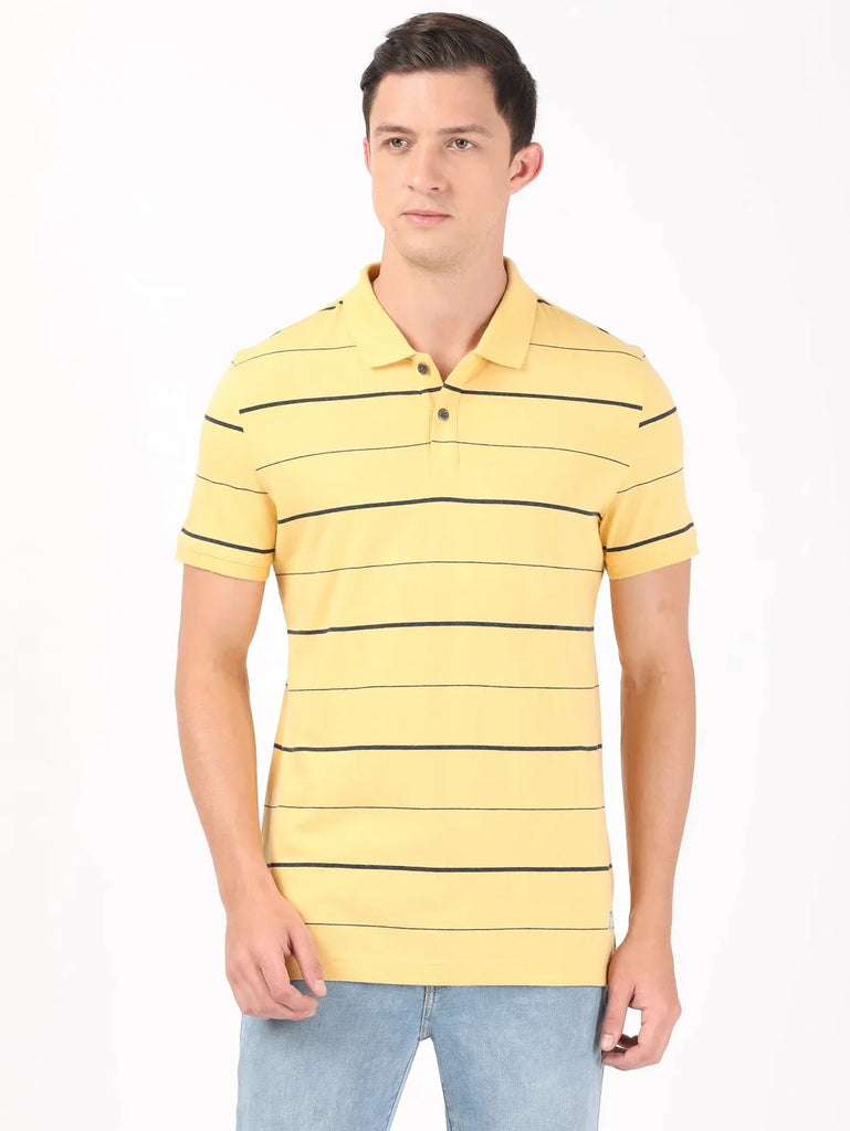 Corn silk & Night Sky ground JOCKEY Men's Cotton Rich Striped Half Sleeve Polo T-Shirt