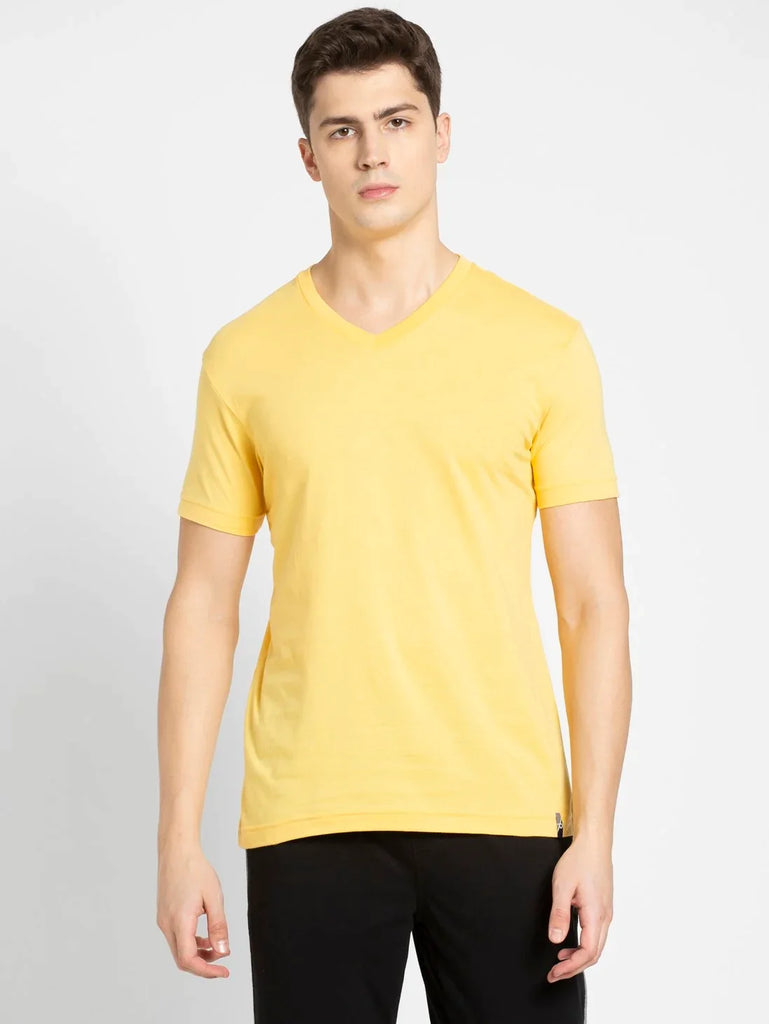 Corn Silk JOCKEY Men's Solid V Neck Half Sleeve T-Shirt