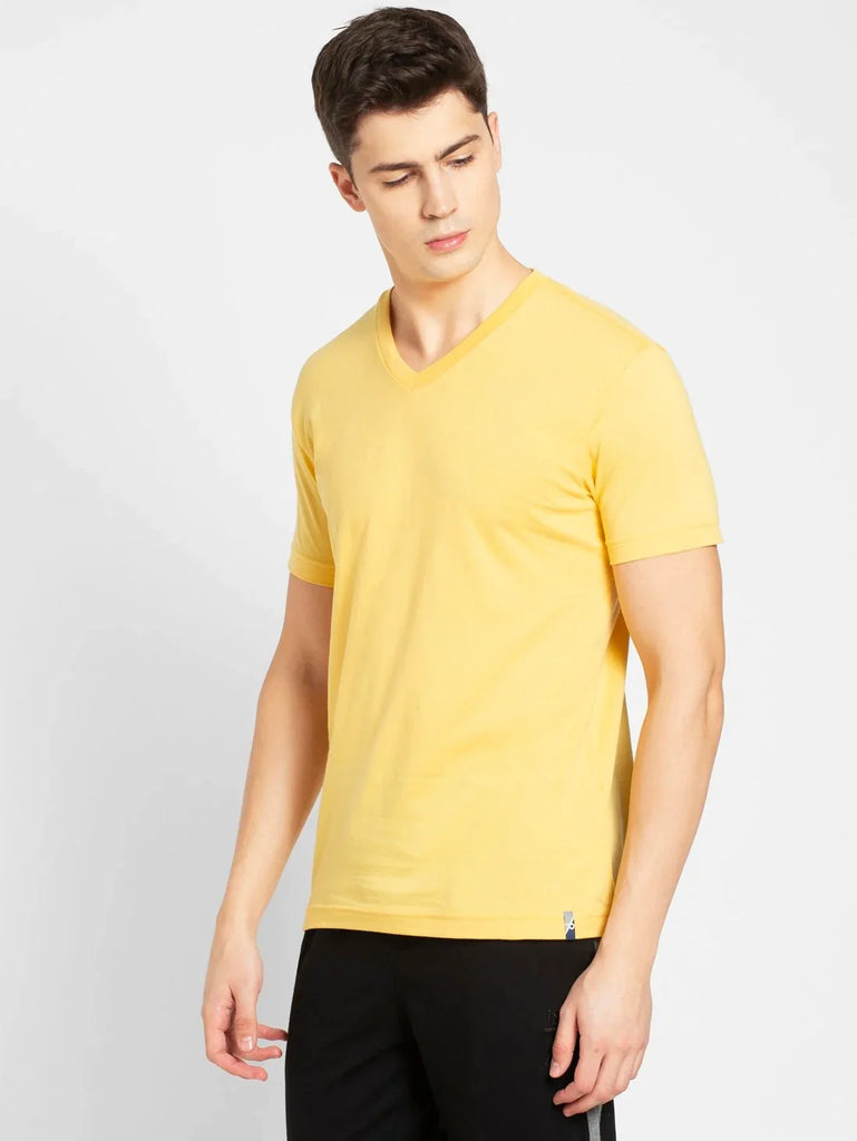 Corn Silk JOCKEY Men's Solid V Neck Half Sleeve T-Shirt