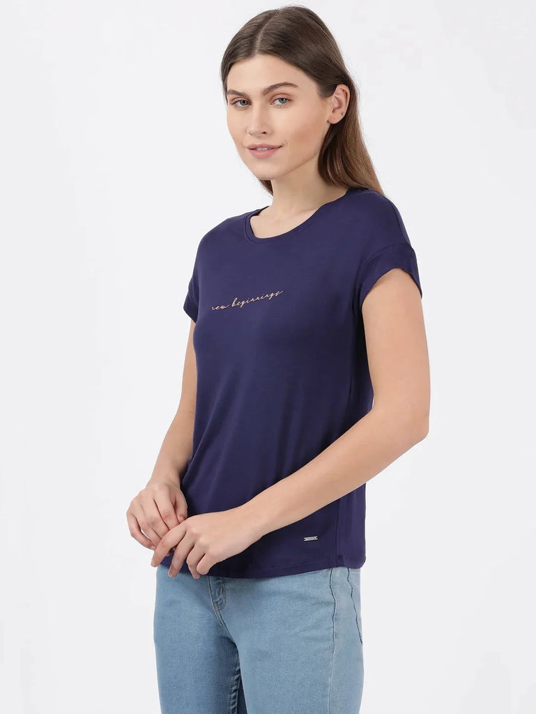 Country Blue JOCKEY Women's Relaxed Fit Round Neck Half Sleeve T-Shirt