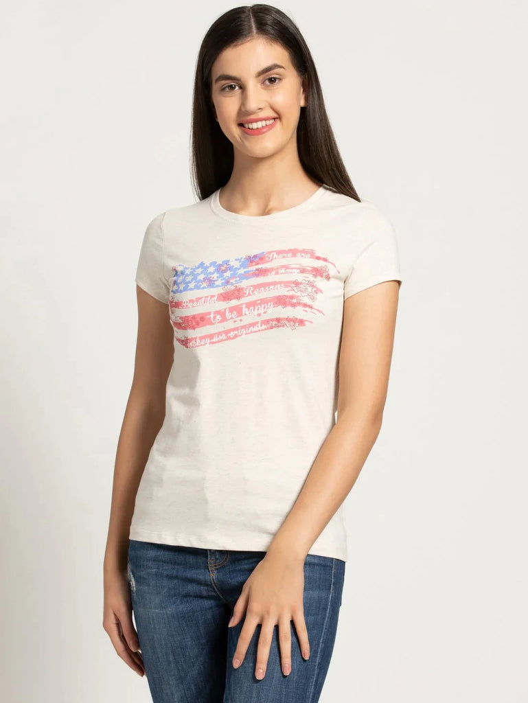 Cream Melange JOCKEY Women's Regular Fit Round Neck Half Sleeve T-Shirt