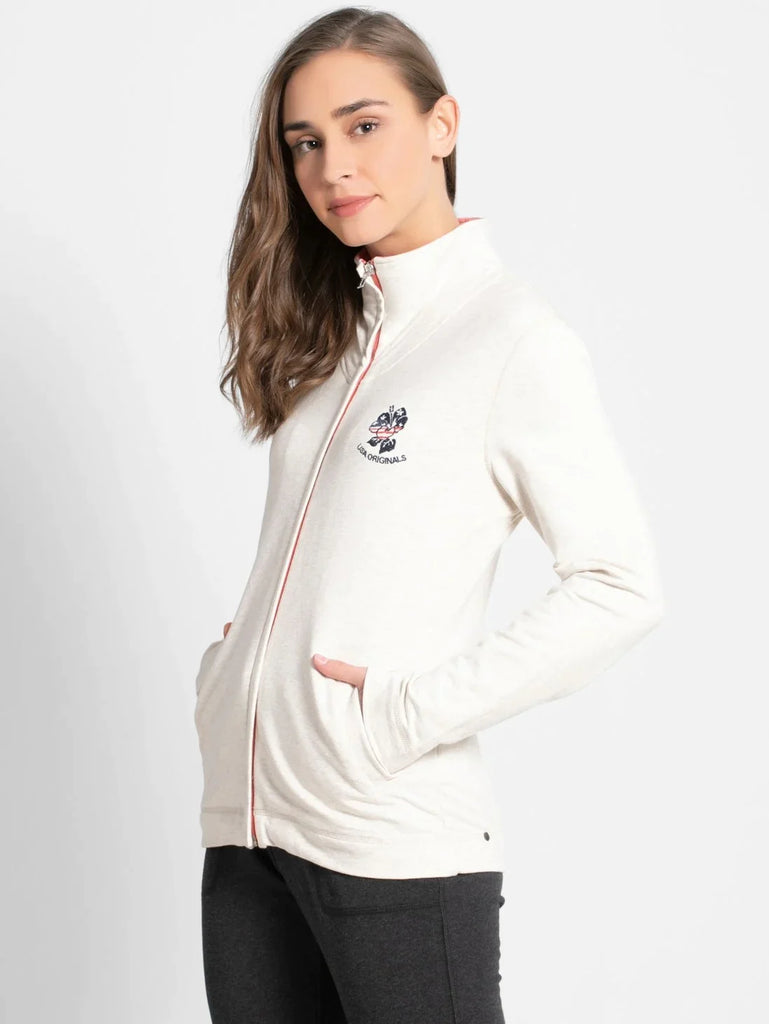 Cream Melange JOCKEY Women's Cotton Full Zip High Neck Jacket 