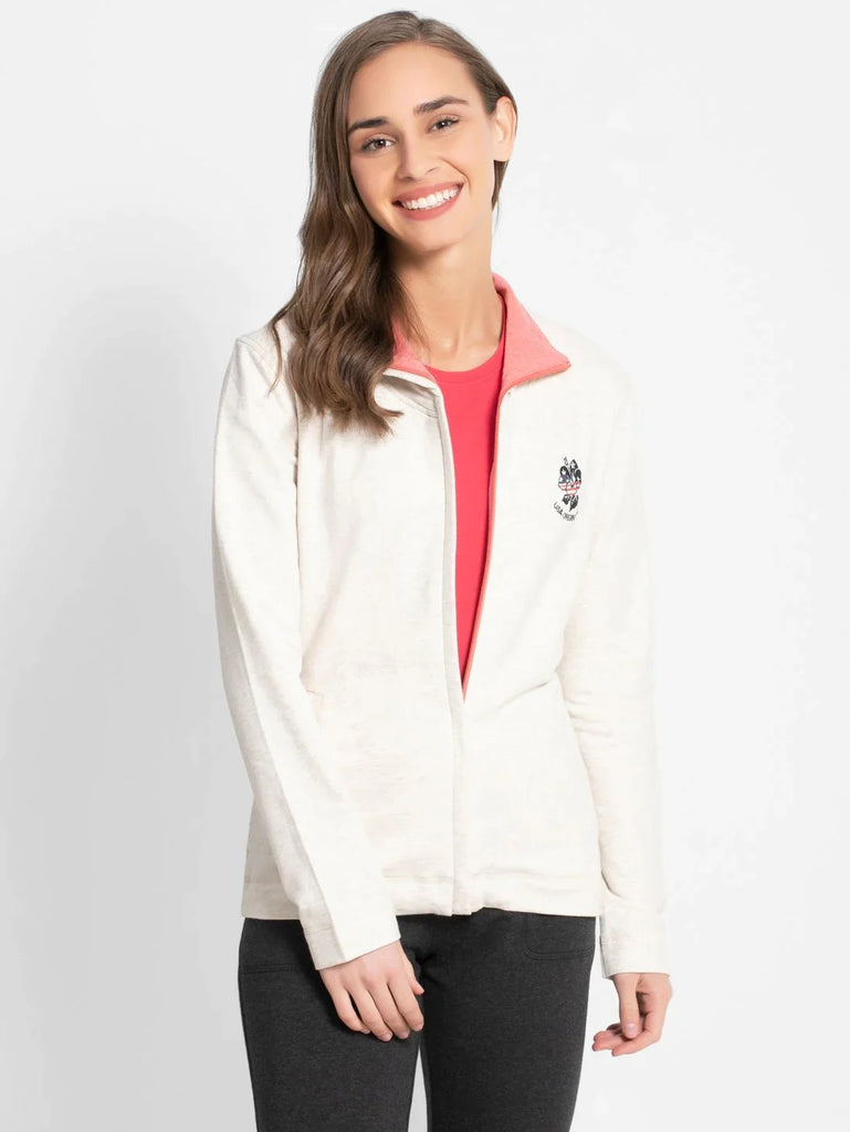 Cream Melange JOCKEY Women's Cotton Full Zip High Neck Jacket 