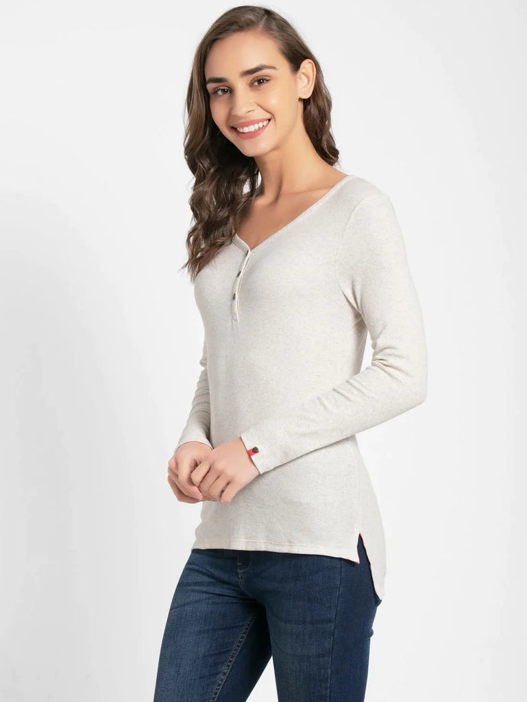 Cream Melange JOCKEY Women's Solid V Neck Henley Styled Full Sleeve T-Shirt