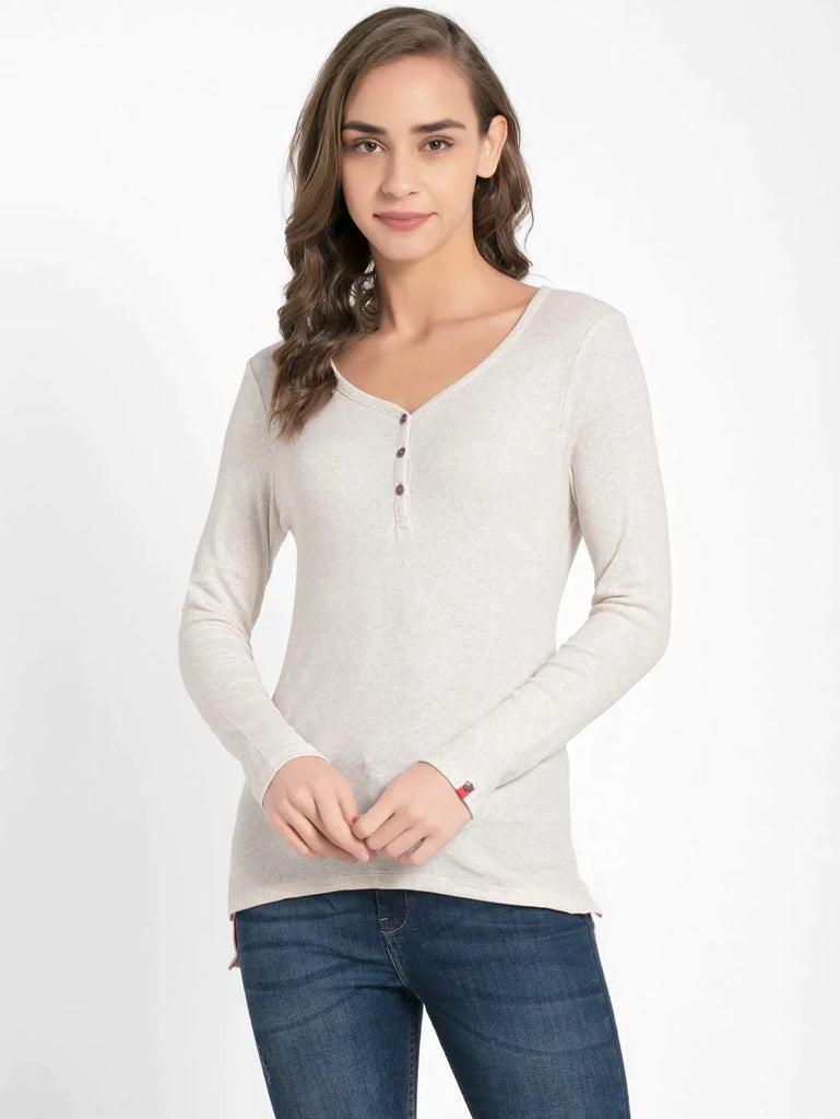 Cream Melange JOCKEY Women's Solid V Neck Henley Styled Full Sleeve T-Shirt