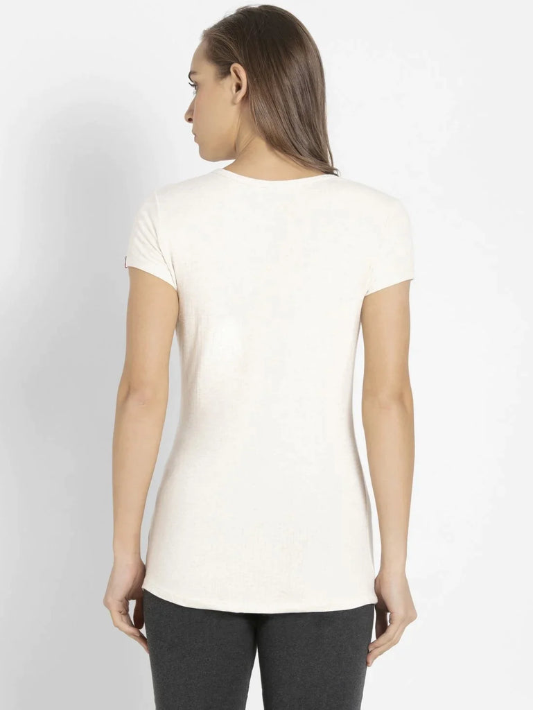 Cream Melange JOCKEY Women's Solid V Neck Henley Styled Half Sleeve T-Shirt