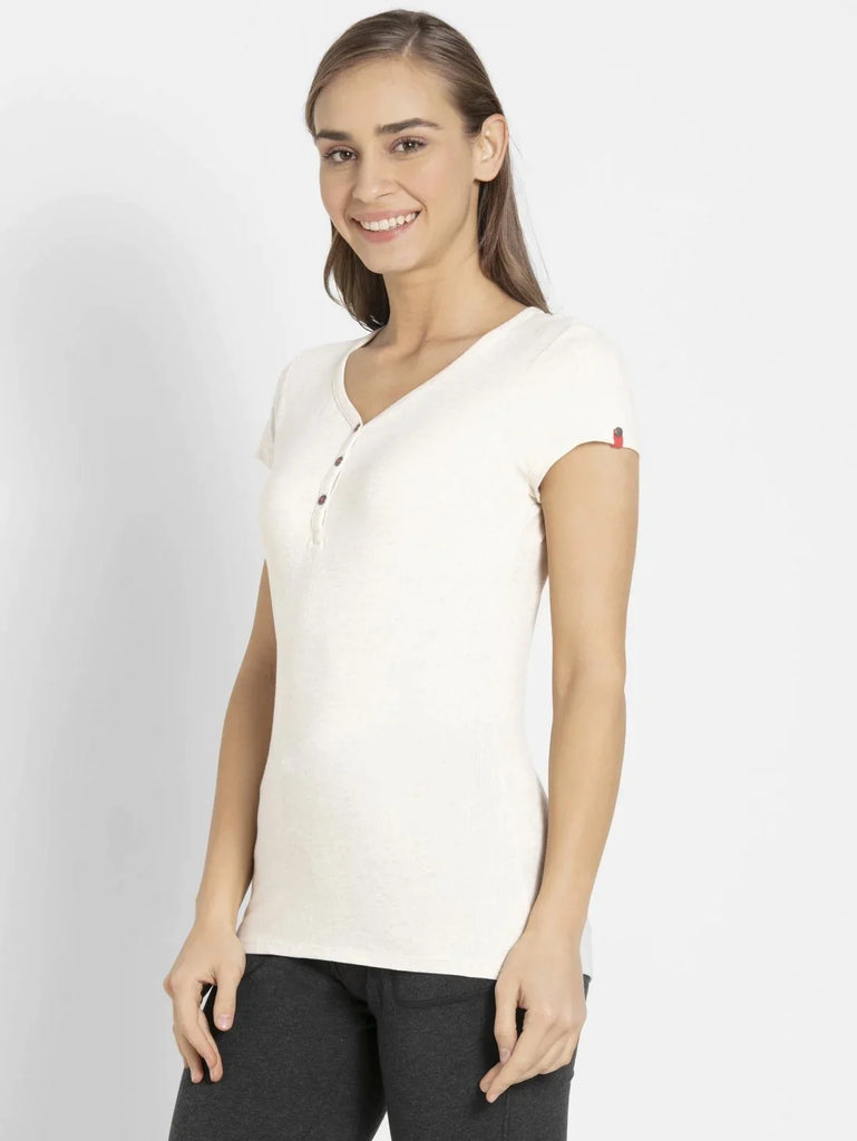 Cream Melange JOCKEY Women's Solid V Neck Henley Styled Half Sleeve T-Shirt