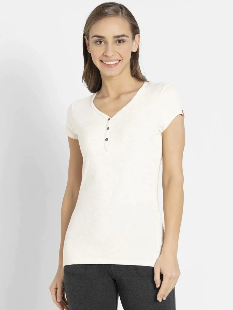 Cream Melange JOCKEY Women's Solid V Neck Henley Styled Half Sleeve T-Shirt