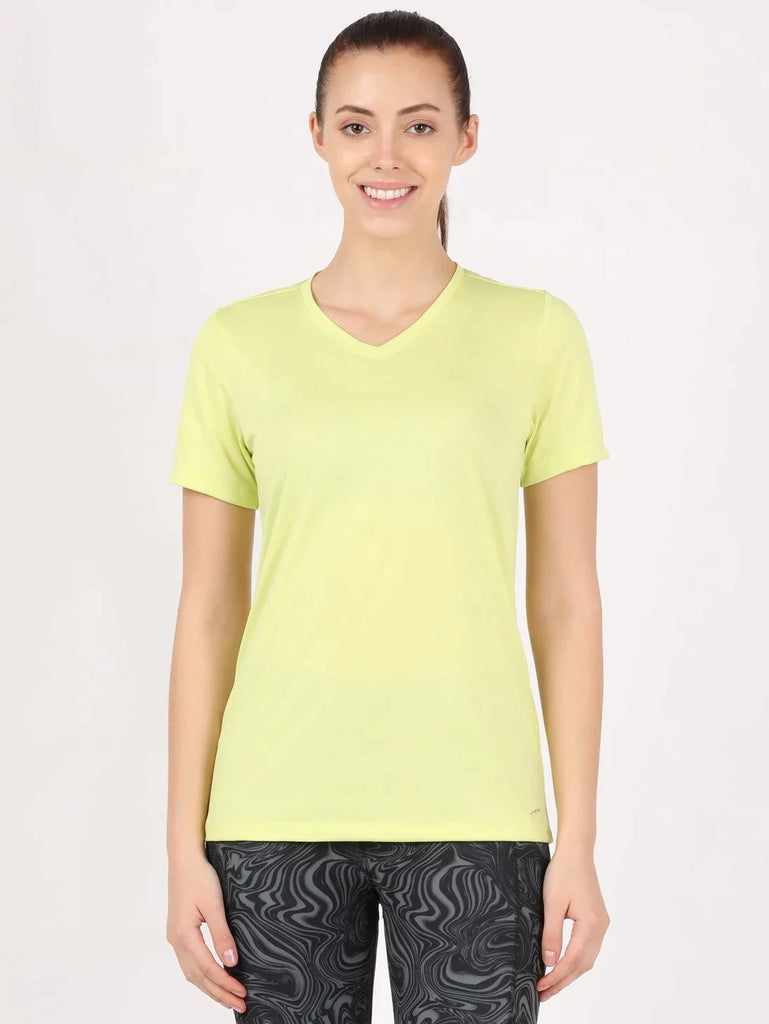 Daiquiri Green JOCKEY Women's Relaxed Fit Solid V Neck Half Sleeve T-Shirt