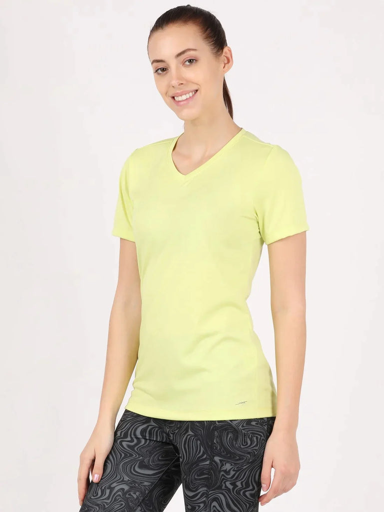 Daiquiri Green JOCKEY Women's Relaxed Fit Solid V Neck Half Sleeve T-Shirt