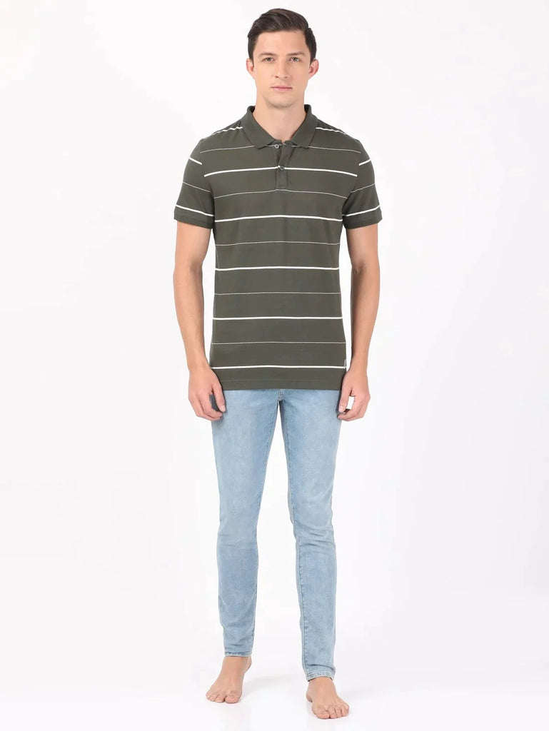 Deep Olive/Ecru JOCKEY Men's Cotton Rich Striped Half Sleeve Polo T-Shirt