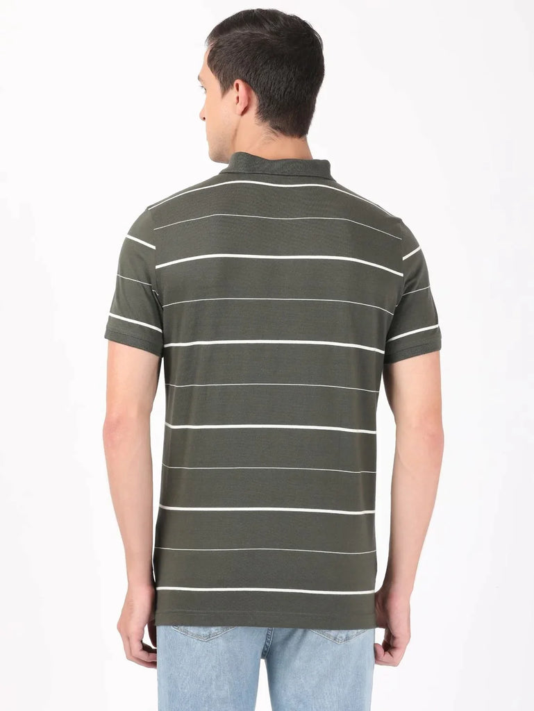 Deep Olive/Ecru JOCKEY Men's Cotton Rich Striped Half Sleeve Polo T-Shirt