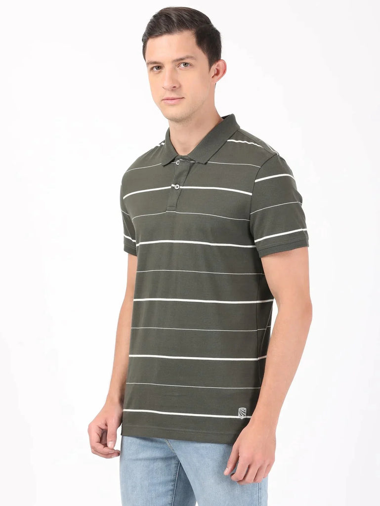 Deep Olive/Ecru JOCKEY Men's Cotton Rich Striped Half Sleeve Polo T-Shirt