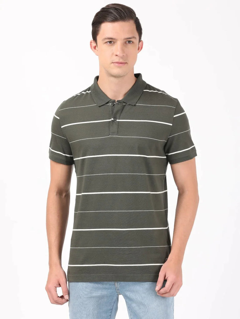 Deep Olive/Ecru JOCKEY Men's Cotton Rich Striped Half Sleeve Polo T-Shirt