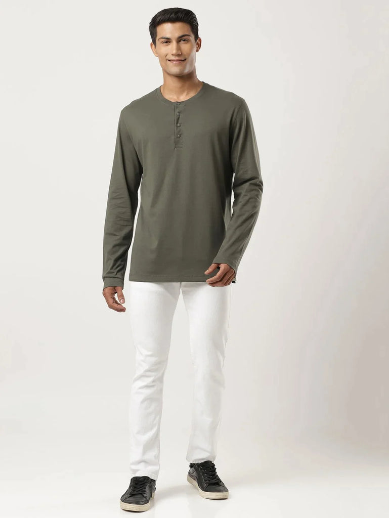 Deep Olive JOCKEY Men's Solid Full Sleeve Henley T-Shirt 